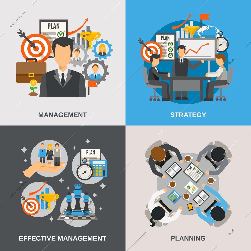 Management design concept set with effective planning flat icons isolated vector illustration