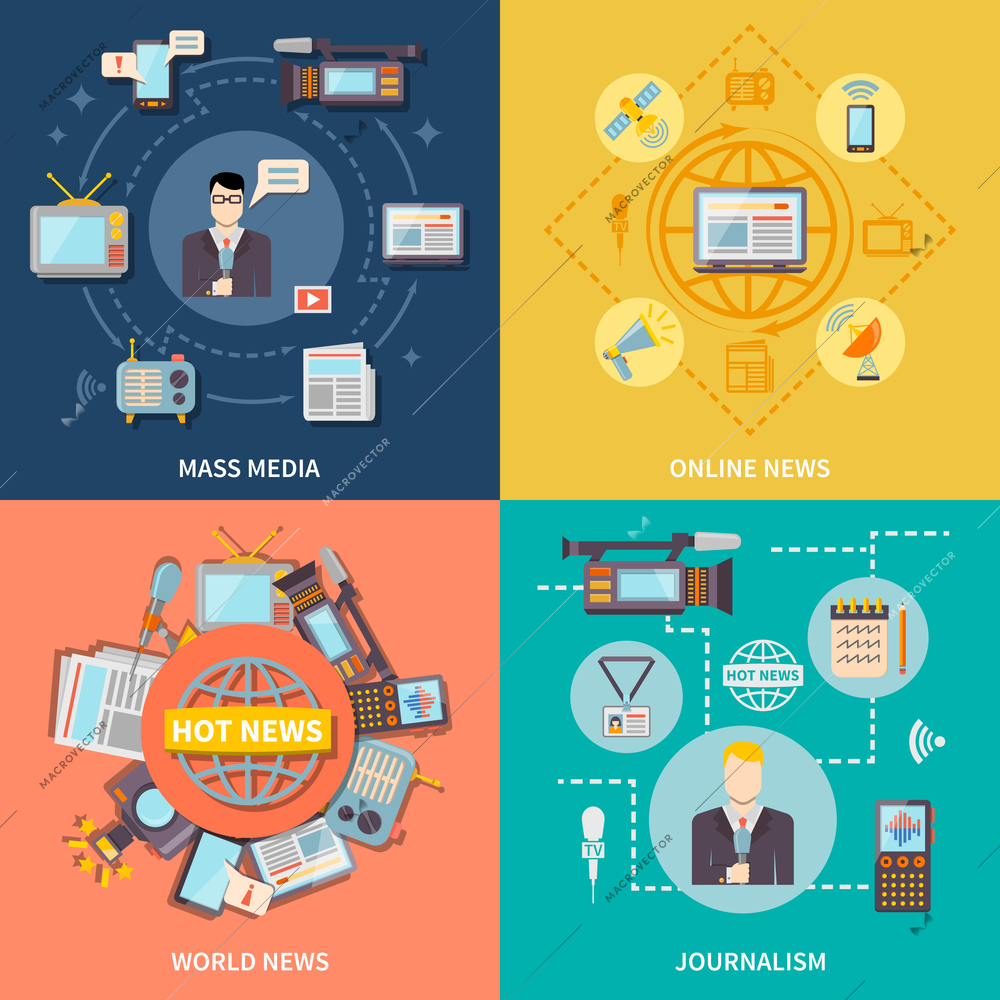 Journalism icons set with online and world news symbols flat isolated vector illustration