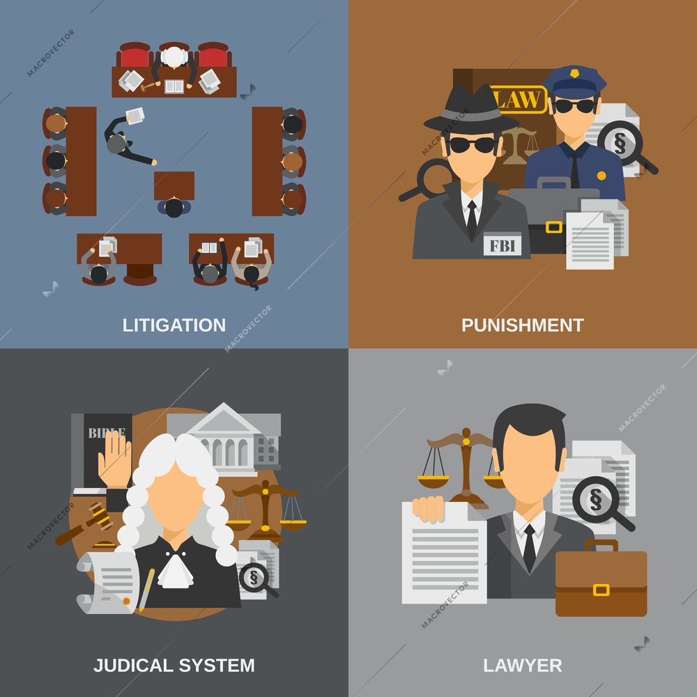 Law design concept set with punishment flat icons isolated vector illustration