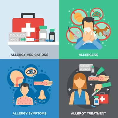 Allergy design concept set with medications and symptoms isolated vector illustration