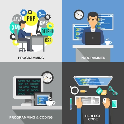 Programmer design concept set with coding flat icons isolated vector illustration