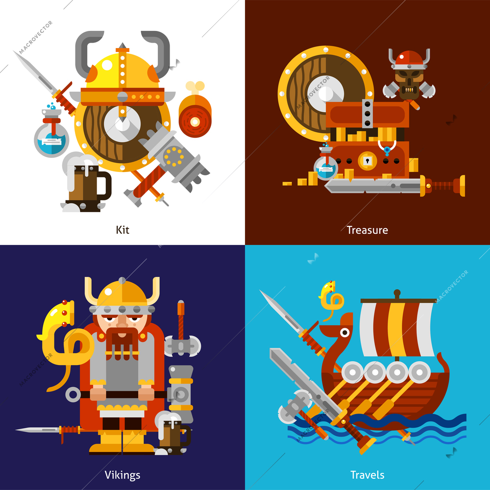 Viking army icons set with kit treasure and travels symbols flat isolated vector illustration