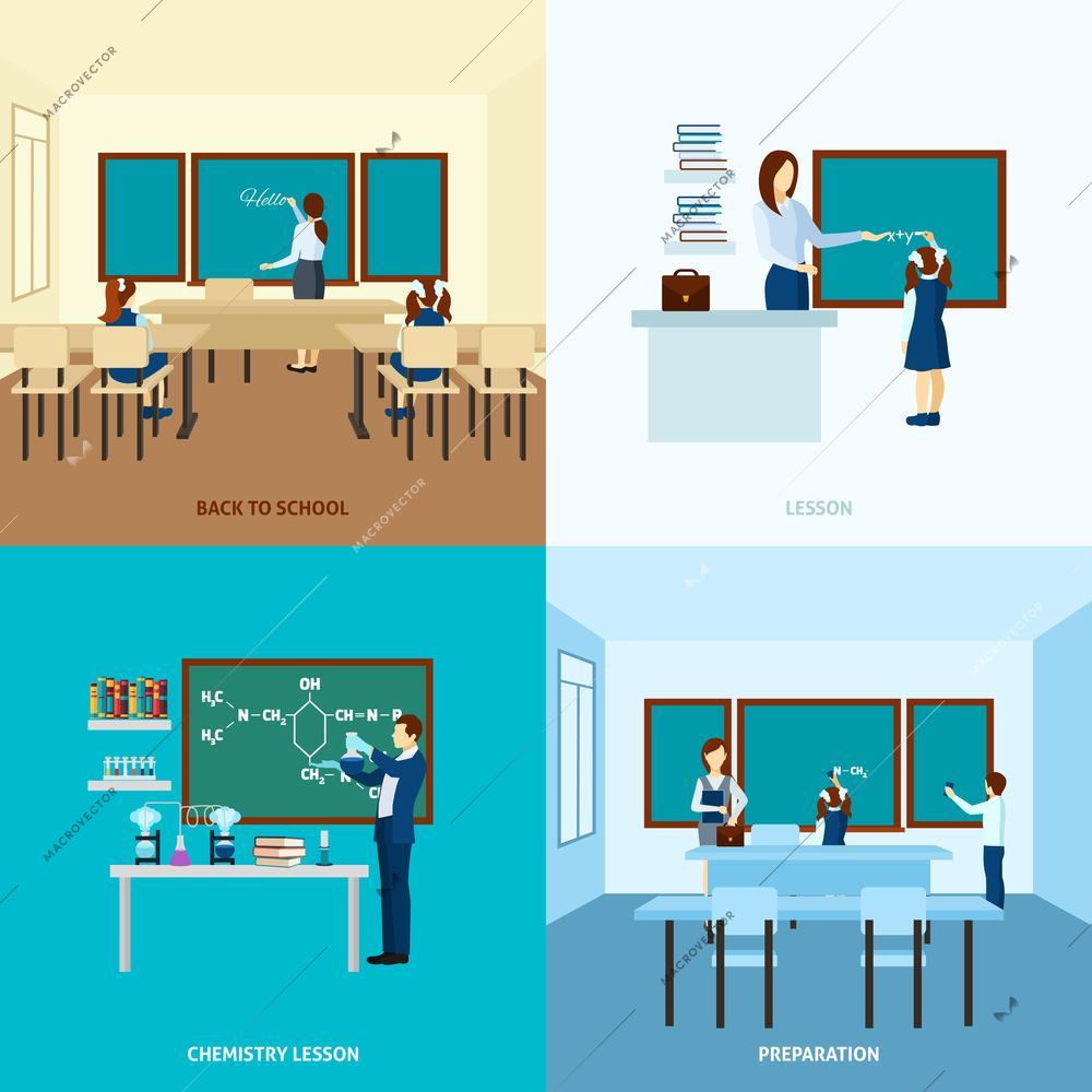 School education concept  set with  teacher  at  blackboard and children in class vector illustration