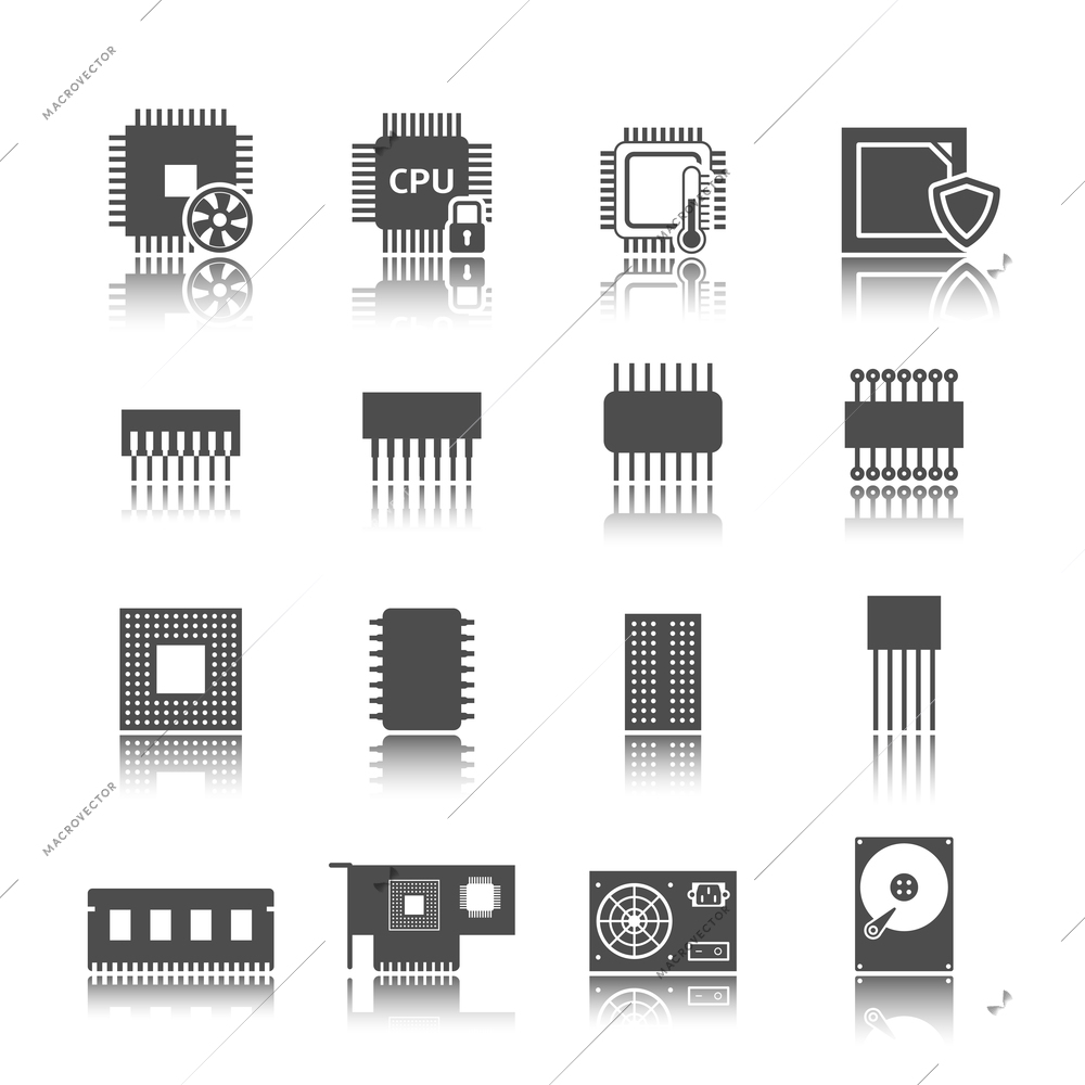 Electronic technology devices computer circuits black icons set isolated vector illustration