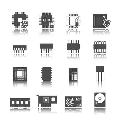 Electronic technology devices computer circuits black icons set isolated vector illustration