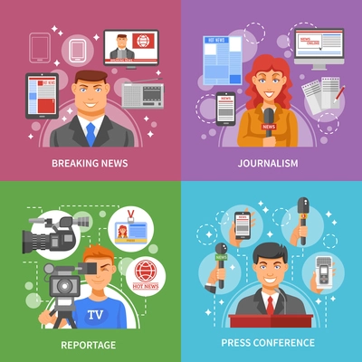 Press concept icons set with breaking news reportage and press conference symbols flat isolated vector illustration