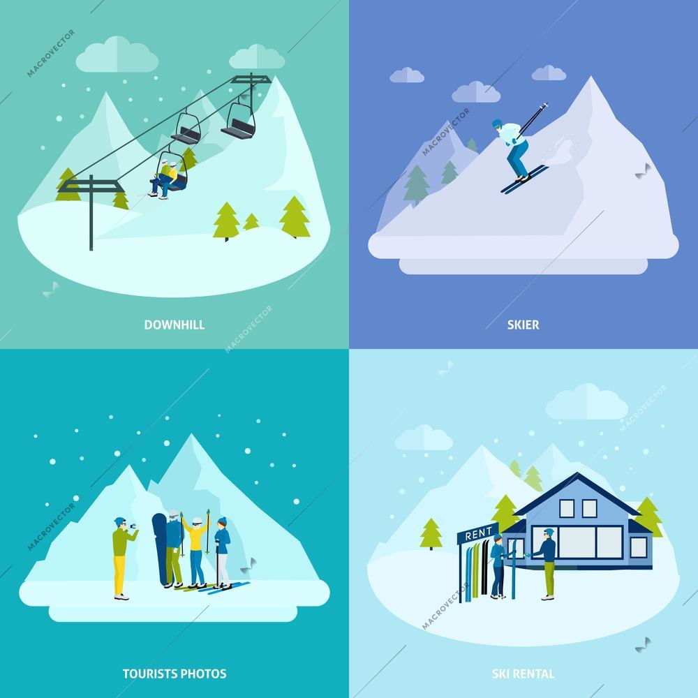 Winter active rest in mountains design concept set with  people downhills and ski  rental vector illustration