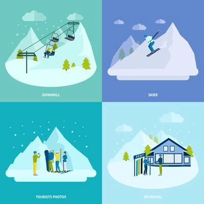 Winter active rest in mountains design concept set with  people downhills and ski  rental vector illustration