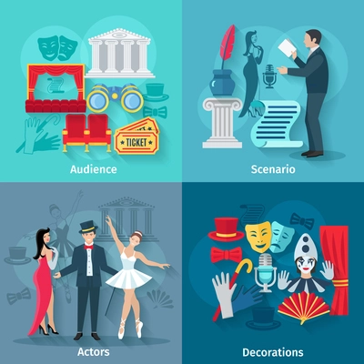 Theater design concept set with audience scenario actors and decorations flat icons isolated vector illustration