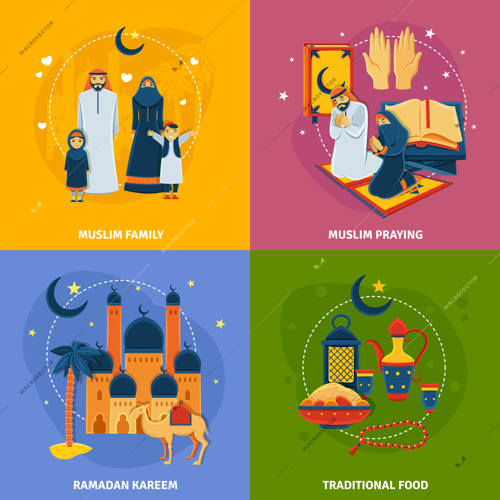 Islam icons set with muslim family Ramadan kareem traditional food and muslim praying symbols flat isolated vector illustration