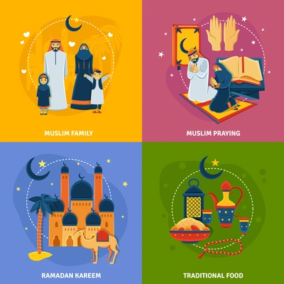 Islam icons set with muslim family Ramadan kareem traditional food and muslim praying symbols flat isolated vector illustration