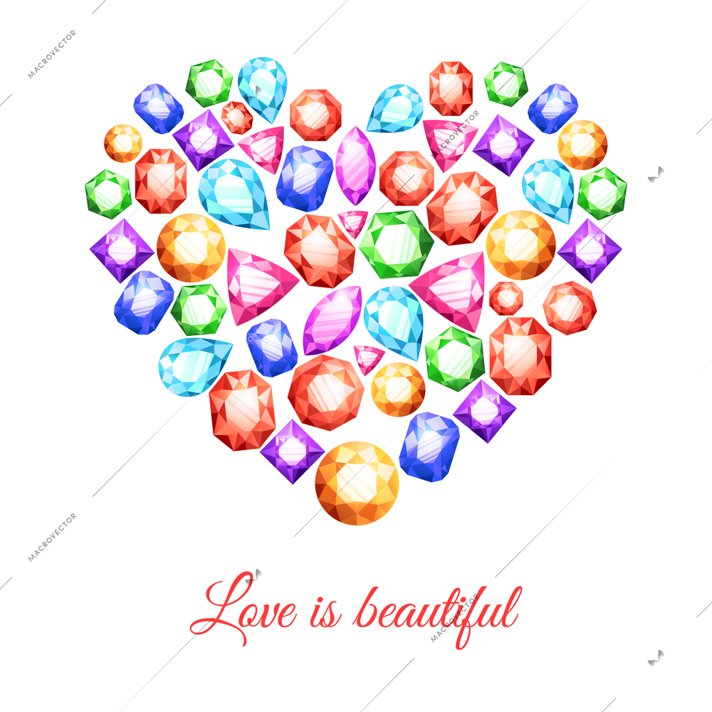 Colorful gemstones in heart shape with love is beautiful lettering vector illustration