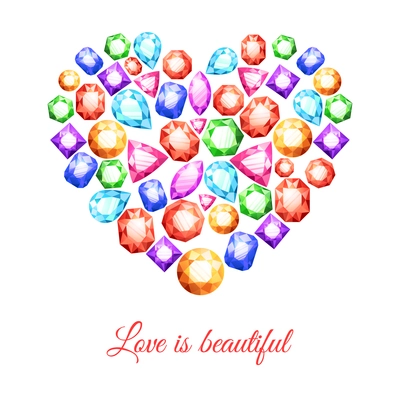 Colorful gemstones in heart shape with love is beautiful lettering vector illustration