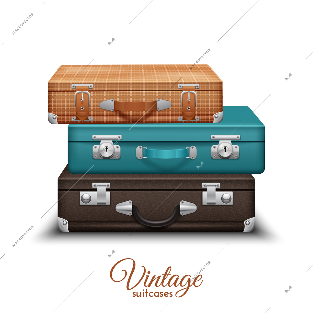 Pile of old vintage travel suitcases set realistic vector illustration