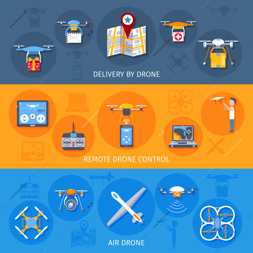 Drone horizontal banner set with air delivery elements isolated vector illustration