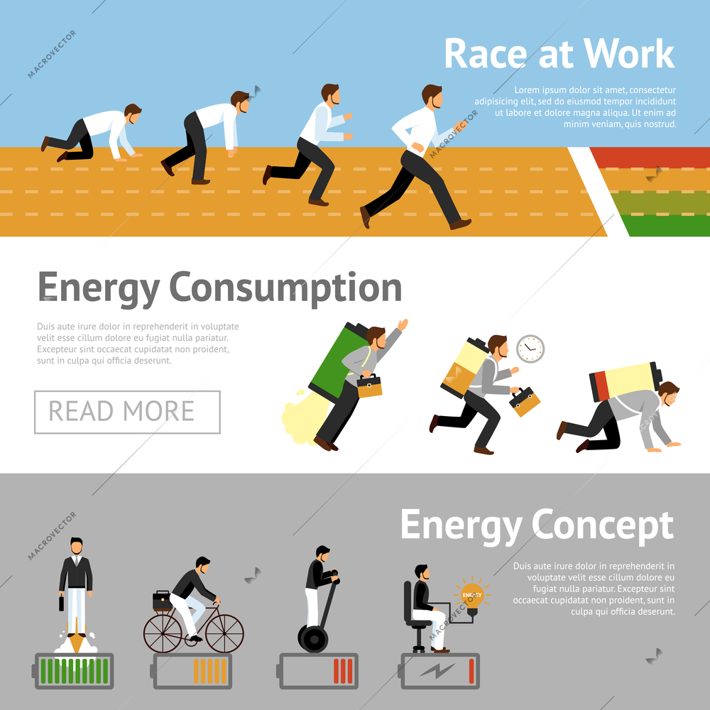 Businessman productivity horizontal banner set with energy consumption level isolated vector illustration