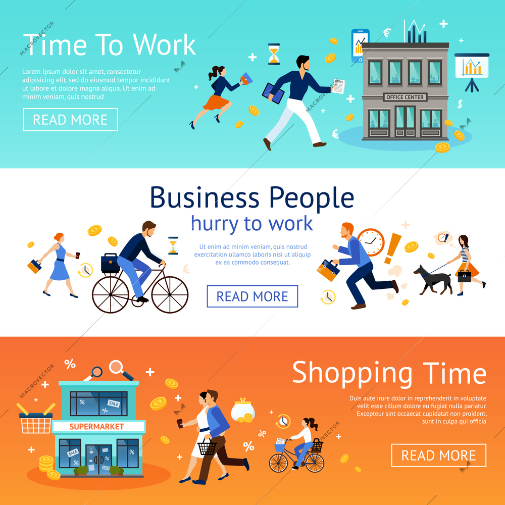 Business people hurry to work and shopping horizontal banner set isolated vector illustration