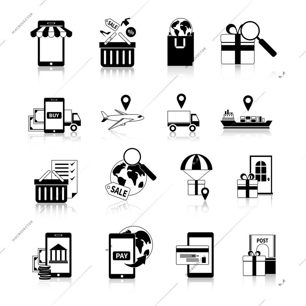 M-commerce black white icons set with online shopping and logistics symbols flat isolated vector illustration