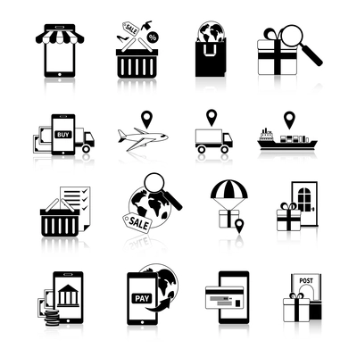 M-commerce black white icons set with online shopping and logistics symbols flat isolated vector illustration