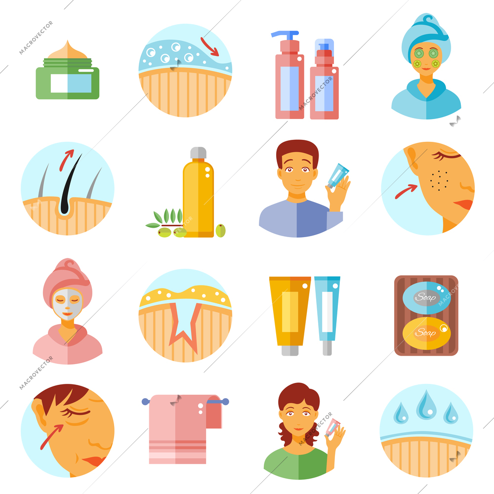 Skin care icons set with cosmetics and problems symbols flat isolated vector illustration