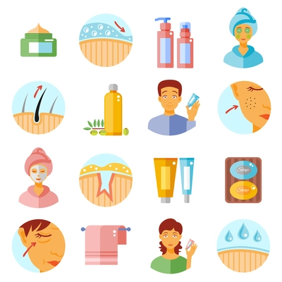 Skin care icons set with cosmetics and problems symbols flat isolated vector illustration