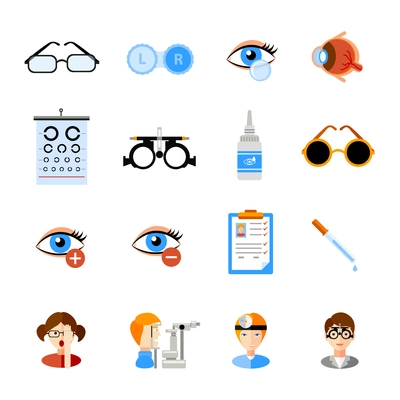 Ophthalmology icons set with eyes and treatment symbols flat isolated vector illustration