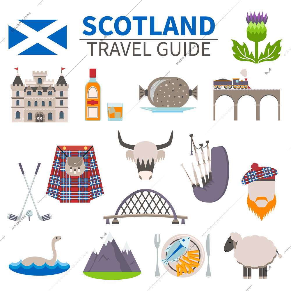 Scotland travel icons set with culture and traditions symbols flat isolated vector illustration