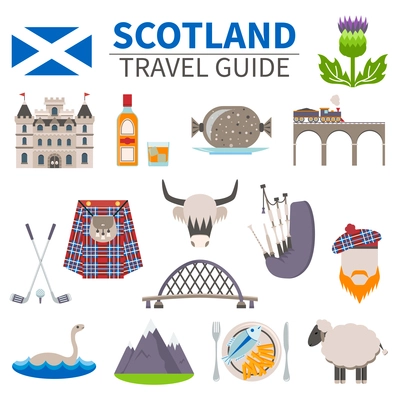 Scotland travel icons set with culture and traditions symbols flat isolated vector illustration