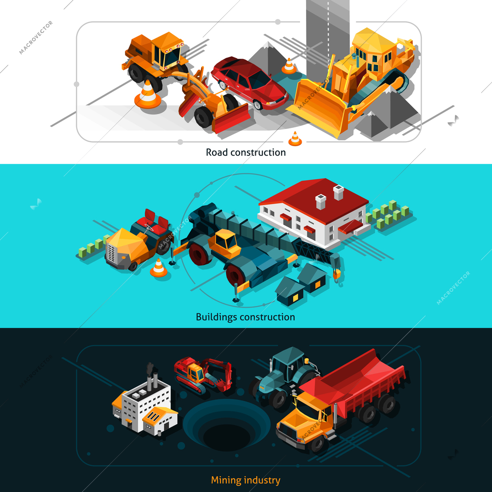 Isometric construction machines horizontal banners set with road house and mining industry elements isolated vector illustration