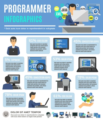 Programmer infographics set with computer program code symbols vector illustration