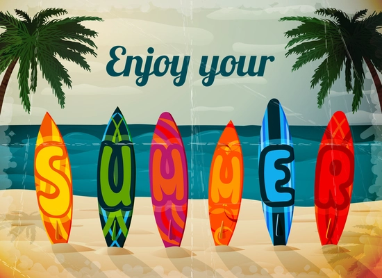 Summer vacation surfboard poster, tropical paradise island ocean surfing vector illustration