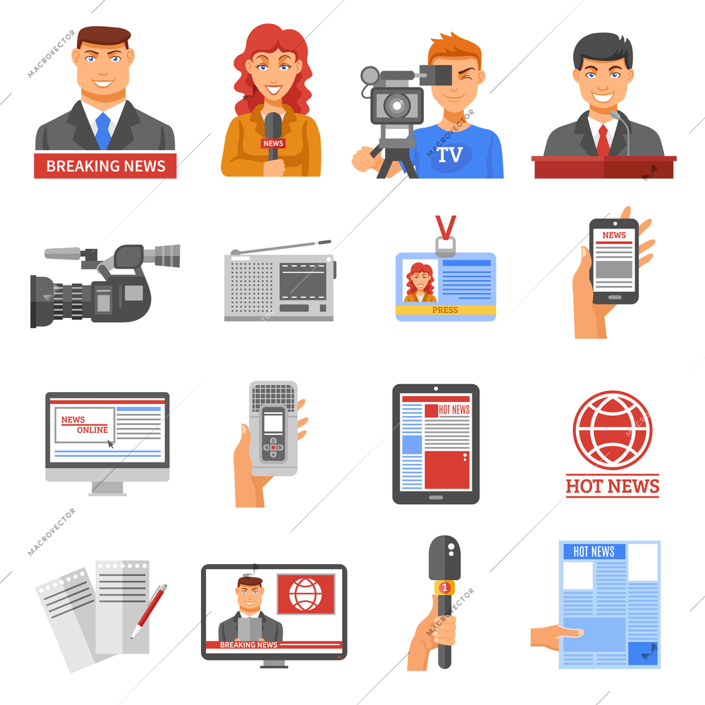 Media icons set with telecommunications radio and news symbols flat isolated vector illustration