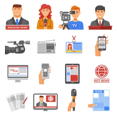 Media icons set with telecommunications radio and news symbols flat isolated vector illustration