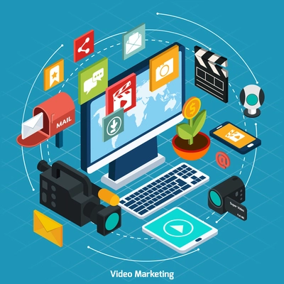 Video marketing isometric concept with 3d computer and digital icons set vector illustration