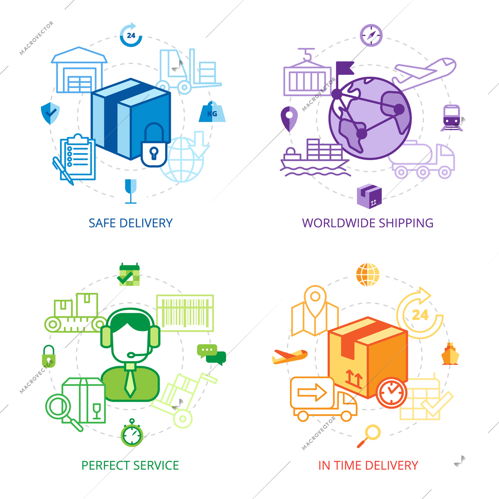 Logistics design line icons set with safe delivery worldwide shipping and perfect service symbols flat isolated vector illustration