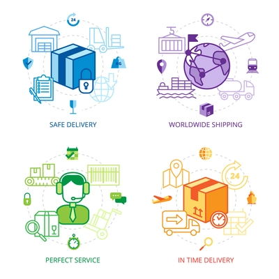 Logistics design line icons set with safe delivery worldwide shipping and perfect service symbols flat isolated vector illustration