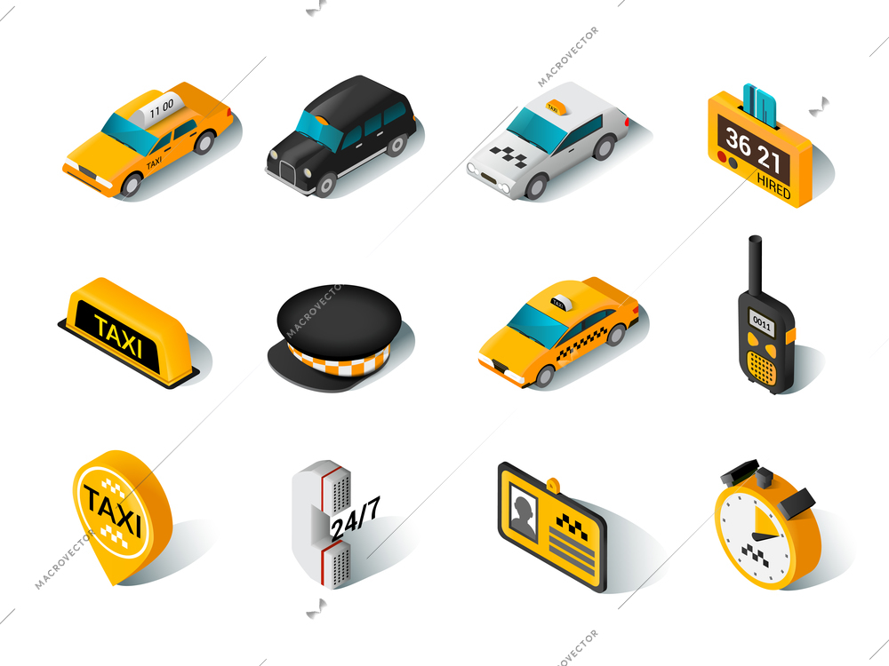 Modern urban yellow hired taxi car accessories and driver hat isometric icons collection  abstract isolated vector illustration