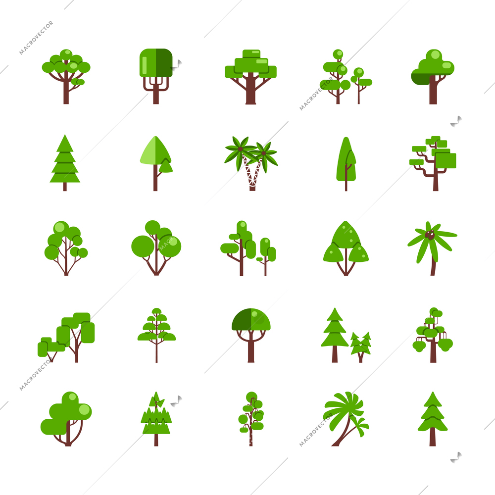 Tree set collection flat icons deciduous pine oak spruce fir isolated  vector illustration