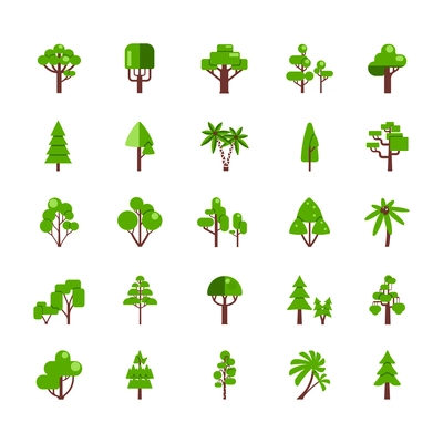 Tree set collection flat icons deciduous pine oak spruce fir isolated  vector illustration