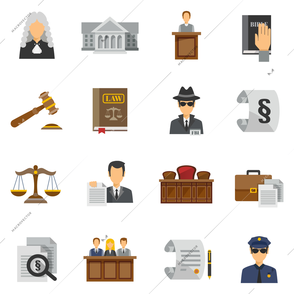 Law icons flat set with judge courthouse bible isolated vector illustration