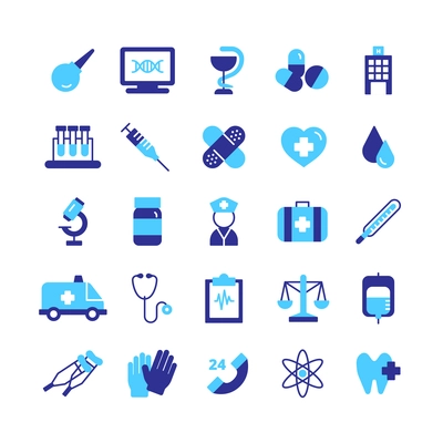 Medicine blue icons set with diagnosis prescription and doctors symbols flat isolated vector illustration