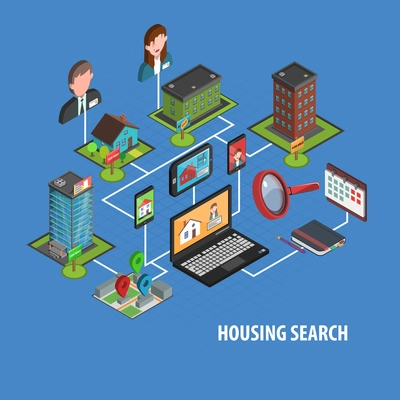 Real estate search concept with isometric notebook and houses icons vector illustration