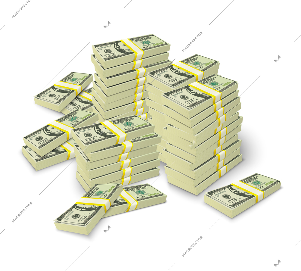 Realistic money stacks concept of 3d dollar banknotes piles vector illustration