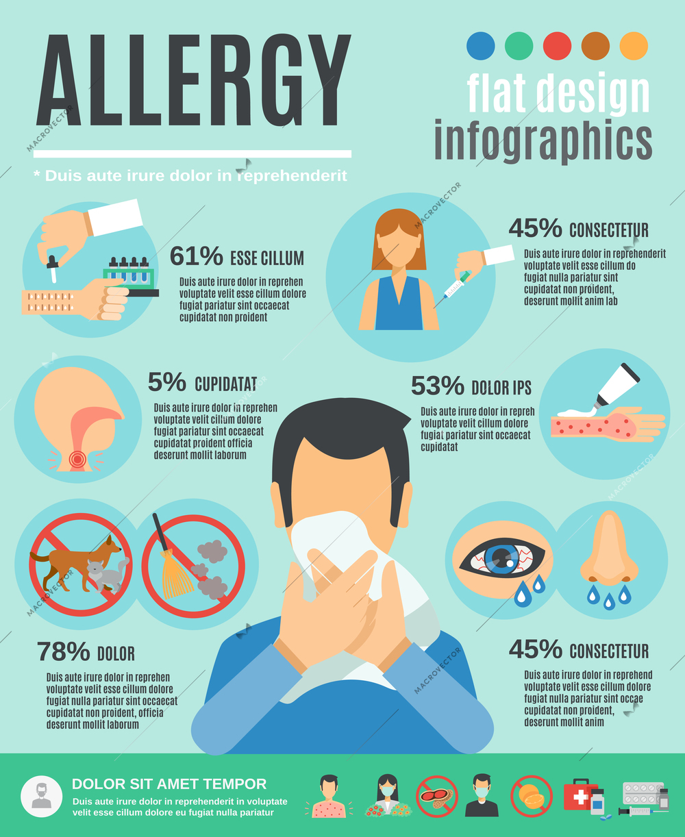 Allergy infographics set with health care symbols and treatment vector illustration