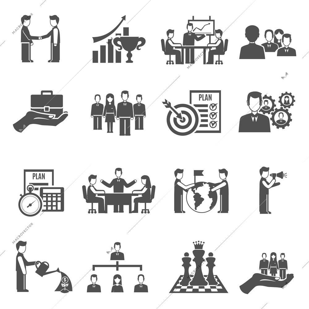 Management and business people teamwork black icons set isolated vector illustration