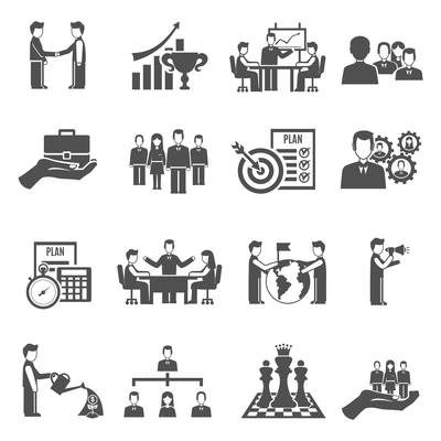 Management and business people teamwork black icons set isolated vector illustration