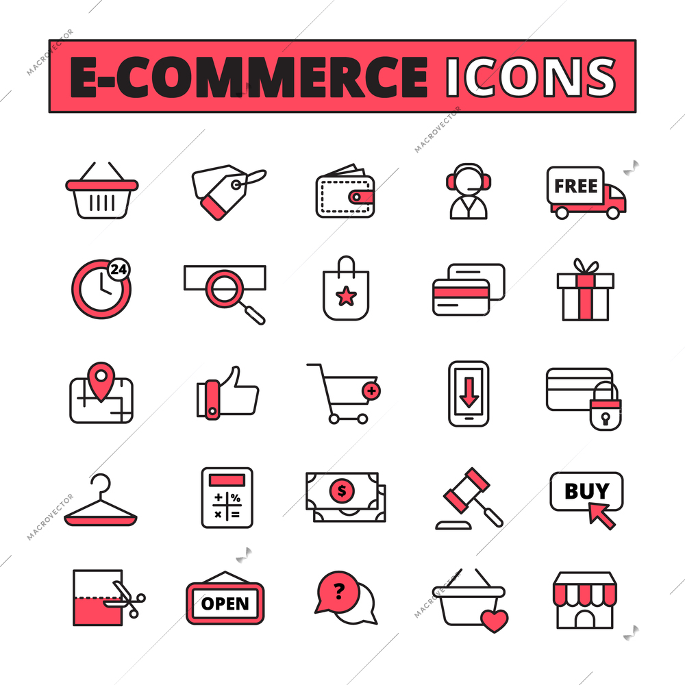 E-commerce line icons set with time purchase and money symbols flat isolated vector illustration