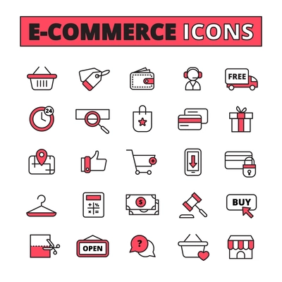 E-commerce line icons set with time purchase and money symbols flat isolated vector illustration