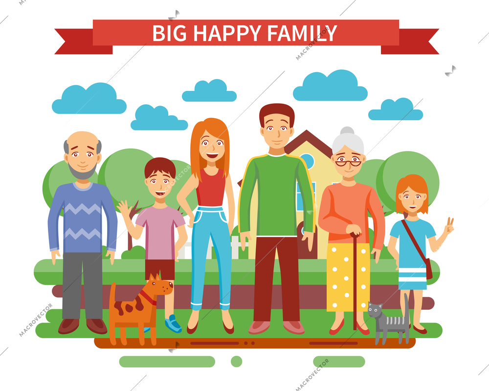 Big happy family concept with parents and grandparents flat vector illustration