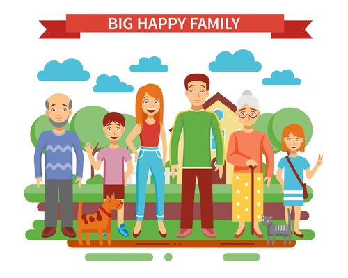 Big happy family concept with parents and grandparents flat vector illustration